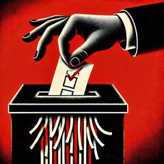  powerful illustration depicting a hand placing a ballot into a shredder. This image symbolizes the destruction of democratic processes and the violation of voter rights