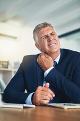 Neck pain, mature and businessman at desk with stress and tension for project planning. Ceo, financial advisor and injury from anxiety, deadline and burnout for career review or health in office