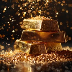 A stack of gold bars on a bed of gold dust, with glittering particles floating in the air.