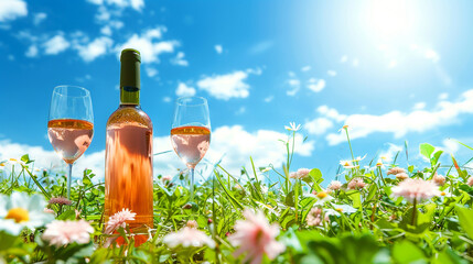 Wine bottle and glasses on grass with flowers and blue sky background