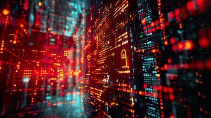 Computer security concept depicted with digital lock mechanism amidst binary code streams Cyber defense theme with futuristic elements Dynamic lighting intense atmosphere 