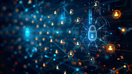 Confidential business data protection authentication screen on computer cyber security theme with digital lock icons and network connections 