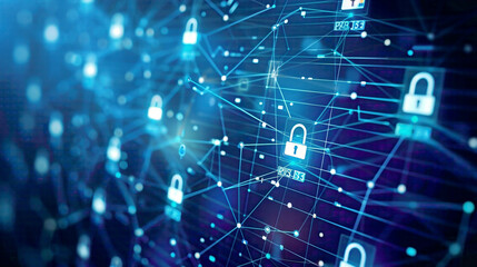 Obraz premium Confidential business data protection authentication screen on computer cyber security theme with digital lock icons and network connections 