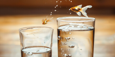 A small goldfish jumps upward out of a glass aquarium. Creative concept of overcoming, leadership and growth, success and career development. Getting out of the comfort zone.