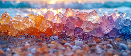 Close-up of multicolored crystals on the beach at sunset
