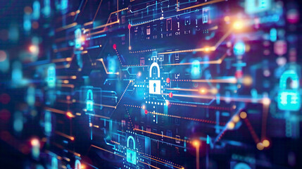 Cyber security and privacy concept data protection in business technology security icon on virtual display with digital lock icons and network lines 