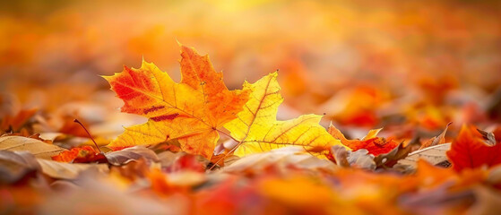 Autumn maple leaves on the ground. Autumn background. Top view.