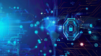 Cyber security concept with authentication screen on computer protecting confidential business data digital lock icons and network connections 