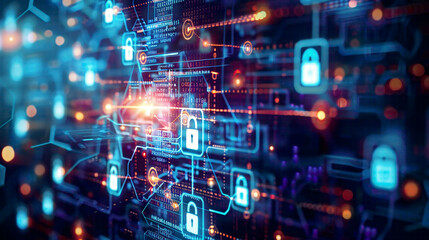 Obraz premium Cybersecurity theme firewall and secured access to personal data digital locks and internet security elements 