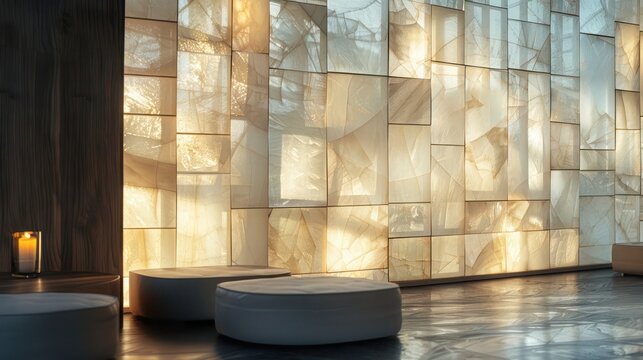 Screen wall made of translucent alabaster panels, casting a soft, diffused light that enhances privacy while glowing beautifully