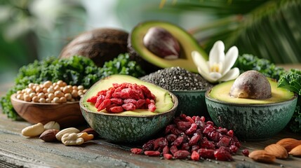 Variety of superfoods including avocado, goji berries, chia seeds, nuts, and greens on a wooden table. Generated AI.