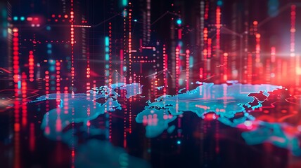 Fototapeta premium A financial graph on a global map with a digital overlay showing economic data, real photo, stock photography, high-tech futuristic feel