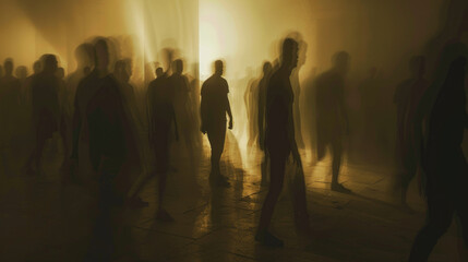 Silhouettes of people walking in a dimly lit, hazy environment. The scene has a moody, mysterious atmosphere with shadows creating an ethereal effect, enhanced by motion blur.