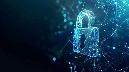 Digital representation of a lock symbol created with lines and triangles network points connecting on a blue background cybersecurity theme 