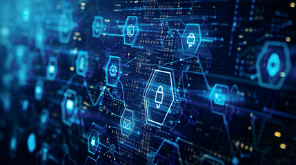 Fototapeta premium Digital representation of cyber security and data protection information privacy and antivirus icons defense against viruses on a sleek blue internet technology background 