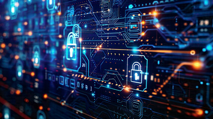 Digital representation of cyber security data protection and business technology privacy elements with lock icons