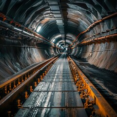 Obraz premium Empty tunnel, post-apocalyptic shelter, rails going into darkness conveyor belt in underground coal mine