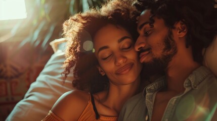 Fototapeta premium A Man and a Woman Cuddling on a Bed With Their Faces Close to Each Other - Generative AI
