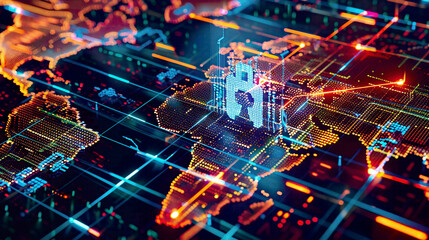 Dynamic 3D illustration of abstract crypto cyber security technology on a global network background Digital theme underscores advanced security concepts 