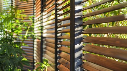 Screen wall with adjustable wooden slats that can be tilted for varying levels of privacy and sunlight