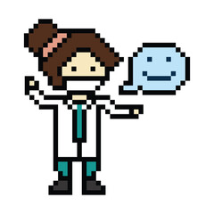 Cute pixel cartoon 8bit character woman doctor or scientist game care for decoration pharmacist female doctor in hospital 8 bit male pixel art vector.