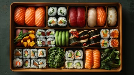 Fototapeta premium Sets of rolls and Sushi, delicious healthy Asian Food