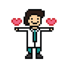 Cute pixel cartoon 8bit character man doctor or scientist game care for decoration pharmacist male doctor in hospital 8 bit male pixel art vector.