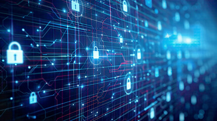 Firewall and internet security concept secured access to user personal data information digital lock icons and network connections on a sleek blue background emphasizing cybersecurity 