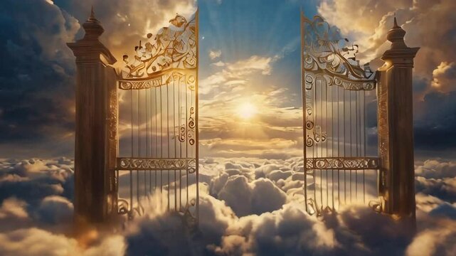 Serene heaven with fluffy clouds golden light ethereal gates radiant glow divine atmosphere

