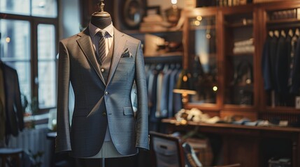 Fototapeta premium A skilled male tailor crafts a sophisticated business or wedding suit in a luxurious designer atelier. The mannequin displays a custom shirt, tie, and jacket, highlighting fashion and artisanal crafts