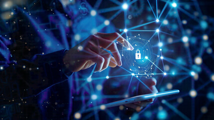 GDPR and EU data privacy protection businessman securing information on tablet cyber security network with padlock icon and digital internet connections high-tech blue background 