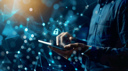 GDPR and EU data protection businessman using tablet to secure personal information cyber security network with padlock icon and digital connections modern blue background 
