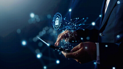 GDPR and EU data protection businessman using tablet to secure personal information cyber security network with padlock icon and digital connections modern blue background 