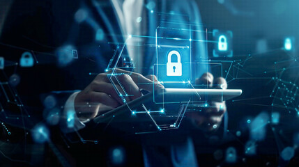 GDPR and EU data privacy protection businessman securing information on tablet cyber security network with padlock icon and digital internet connections high-tech blue background 