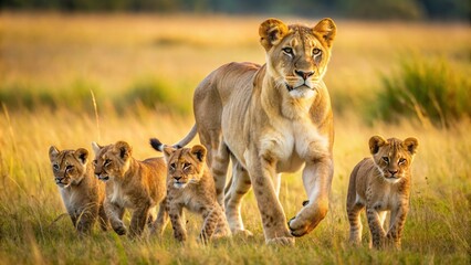Fototapeta premium A lioness teaching her cubs how to hunt, in the open plains of the savannah