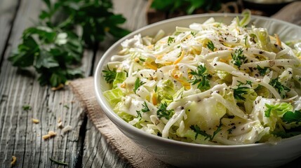 Fresh coleslaw salad with cabbage and carrot in a white bowl, garnished with parsley on a rustic wooden table.
