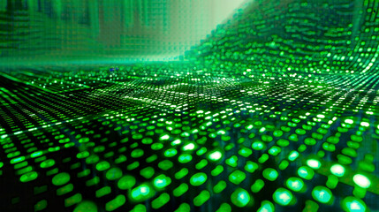 Green binary code matrix background featuring flowing numeric sequences and digital grid evoking themes of technology and data visualization 