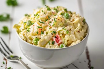 Fresh and creamy potato salad served in a white bowl on a wooden table, garnished with green peas, chives, and diced vegetables.