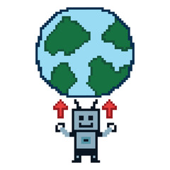 Cute pixel cartoon robot ai 8bit character game robot or AI for education machine learning chat big head 8 bit bot vector technology AI robot.