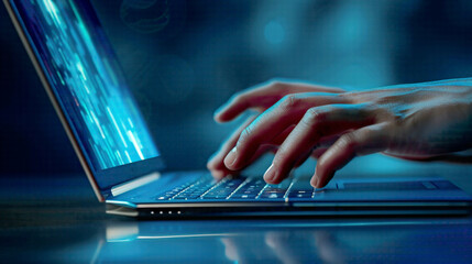 Hand entering password on laptop login screen cyber security and data protection concept digital locks and network security high-tech blue background 