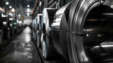Stainless steel coils in a factory.