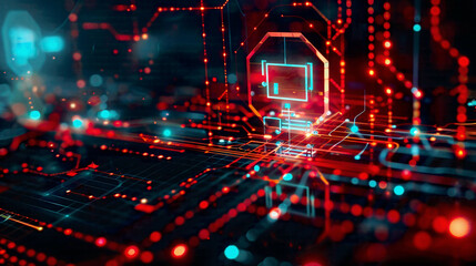 Illustration of cyber security and digital data protection concept featuring an icon graphic interface displaying secure firewall technology for online data access defense against hackers