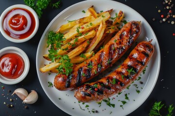 Grilled sausages and French fries. Image for cafe menu, Banner