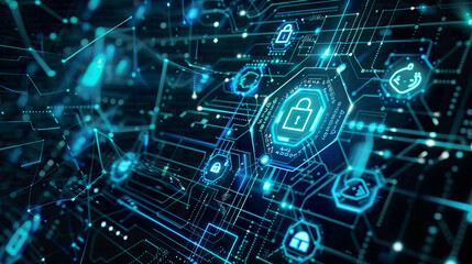 Information protection and cyber security concept modern digital background with lock icons and network connections emphasizing data safety 