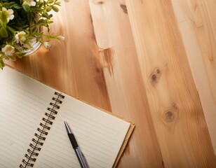 花瓶の置かれた木製テーブルの上に開かれたリングノート