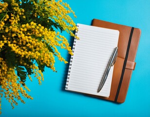 ミモザの花が飾られた青いテーブル