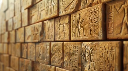 Screen wall with a series of sandstone blocks carved with traditional hieroglyphs, adding historical depth to modern settings