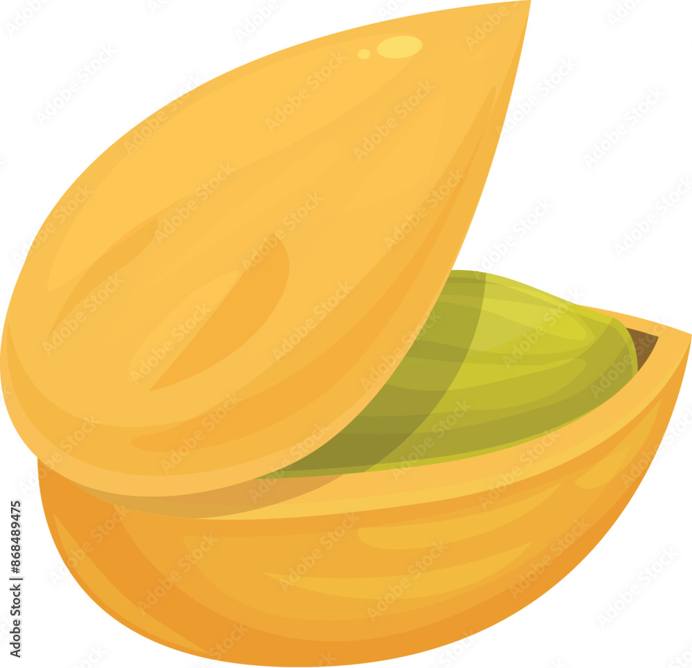 Poster pistachio nut showing seed inside shell with soft shadow on white background