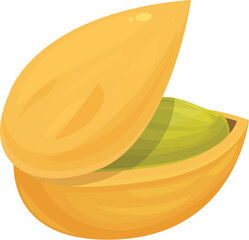 Pistachio nut showing seed inside shell with soft shadow on white background