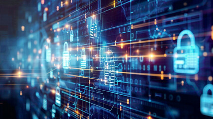 Obraz premium Secure access to personal information cyber security and encryption theme digital lock icons and network connections on a blue background 